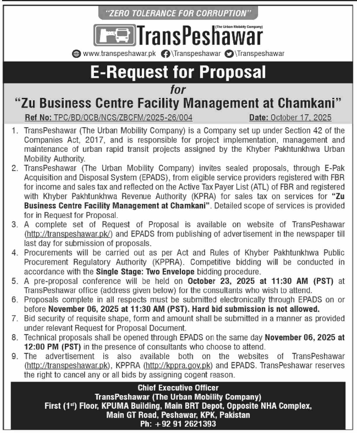 TransPeshwar Tender Notice